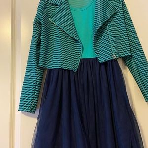 Navy turquoise 2piece sleeves dress & jacket kids